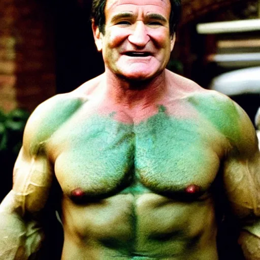 Image similar to robin williams as the hulk, smiling