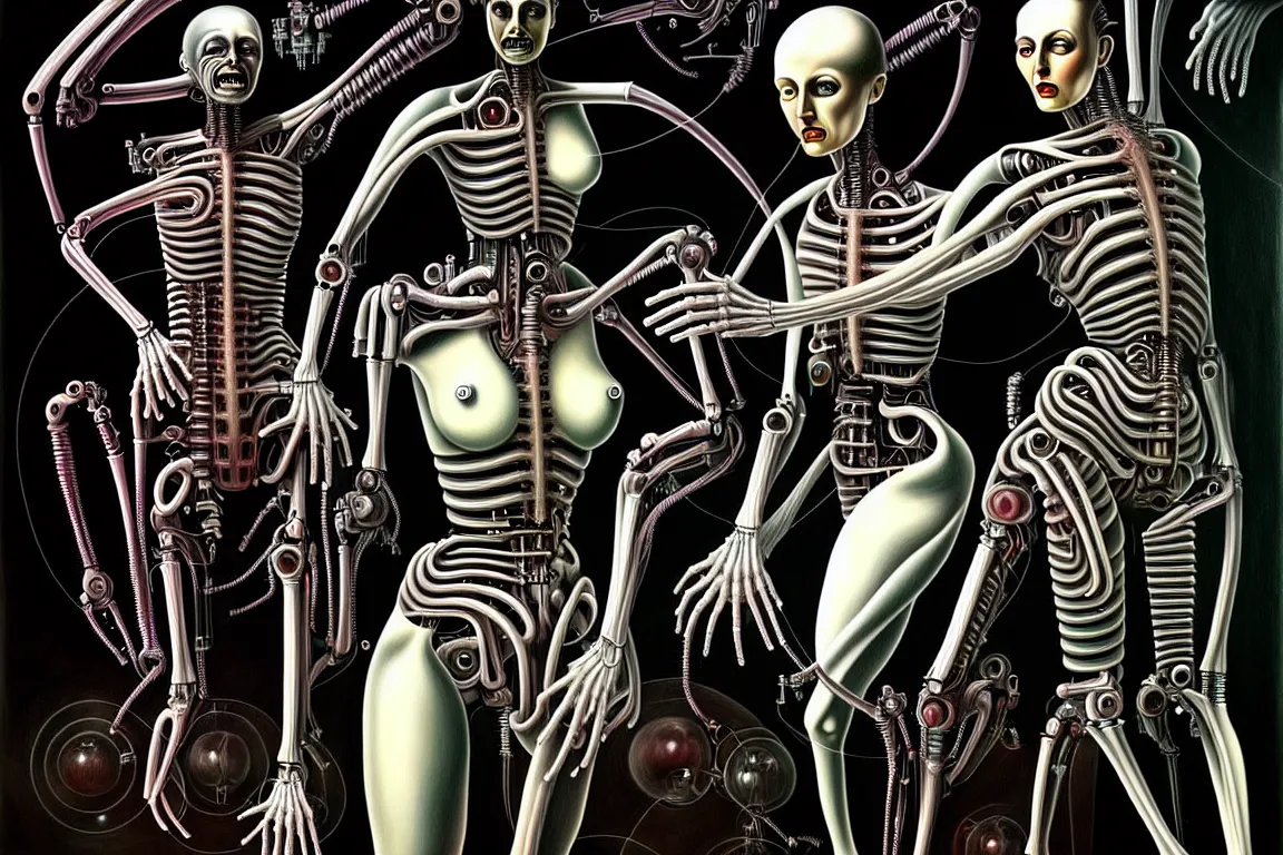 Prompt: A nightmarish dreamscape of two interconnected biomechanical android woman with surreal physiology, high details, surrealism, monochromatic airbrush painting, style of H. R. Giger, Caravaggio, Dali