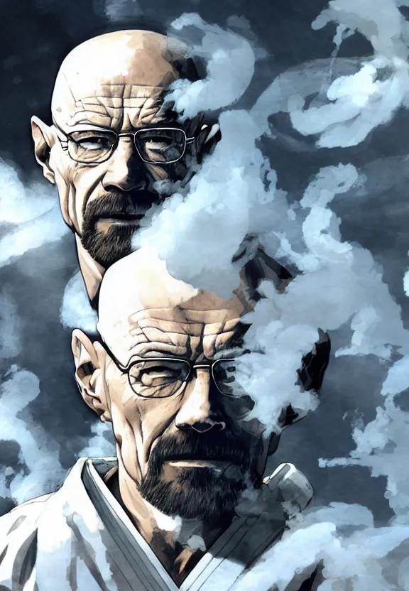 Image similar to serene Concept art of grandmaster walter white wearing a white martial artist gi, bald head and white beard, surrounded by white smoke, smoky, by Chen Uen, art by Yoji Shinkawa, 4k