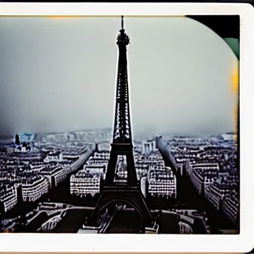 Image similar to extensive smoke rising from the top of the eiffel tower, aerial view, several police cars and crowds running across the ground, polaroid, 6 0's, hyperrealism, no blur, 4 k resolution, ultra detailed