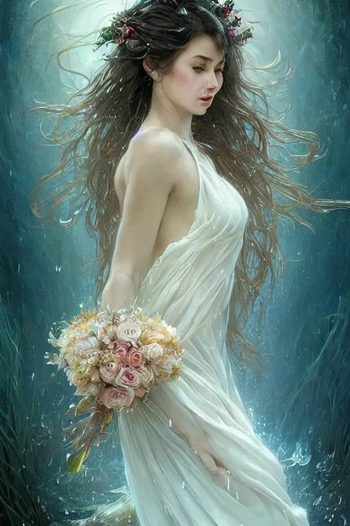 Image similar to portrait of a beautiful woman wearing a white dress, holding a bouquet of flowing flowers, drenched body, wet dripping hair, emerging from the water, fantasy, regal, fractal crystal, fractal gems, by ross tran, stanley artgerm lau, greg rutkowski, thomas kindkade, alphonse mucha, loish, norman rockwell