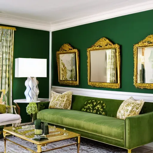 Prompt: living room, damask accent wall, green sofa with gold trim, chairs with striped upholstery