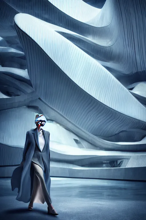 Prompt: a futuristic scene with an log silver haired beautiful mitch mcconnell in a white flowing dress, in front of a zaha hadid building, cinematic matte painting, extreme detail photo quality, dark moody colors, featured on behance