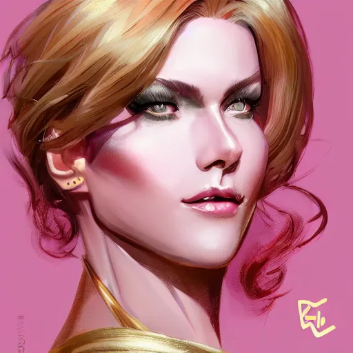 Prompt: side portrait of a masculine drag queen, smile, light pink, soft gold glow background, artgerm, cushart krenz, artstation, soft light, sharp focus, award - winning, broad - brush, symmetrical, digital art, procreate, character design, concept art