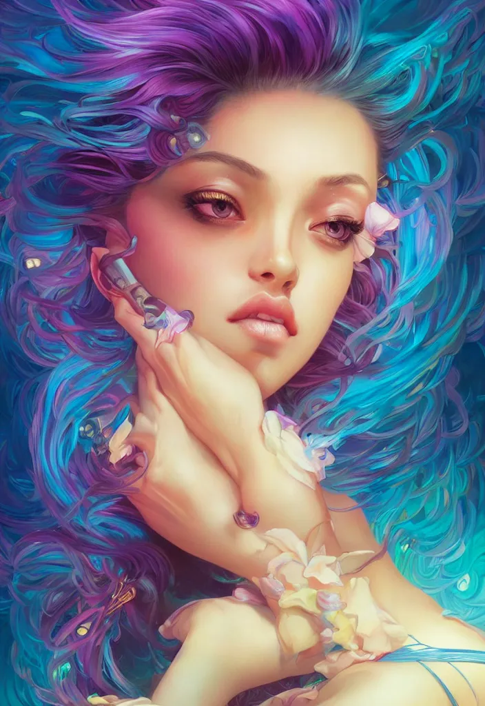 Image similar to beautiful, young woman, detailed gorgeous face, vaporwave aesthetic, synthwave, colorful, psychedelic, artstation, concept art, smooth, extremely sharp detail, finely tuned detail, ultra high definition, 8 k, unreal engine 5, ultra sharp focus, illustration, art by artgerm, greg rutkowski and alphonse mucha