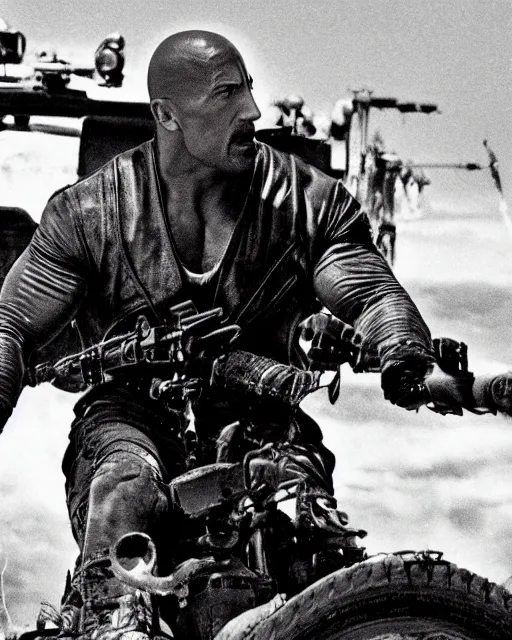 Image similar to film still close up shot of dwayne johnson in the movie mad max 2 the road warrior. photographic, photography