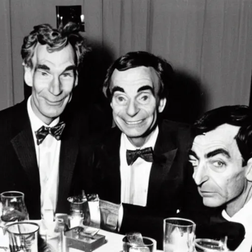 Prompt: bill nye in a nightclub with richard feynman and mr. bean