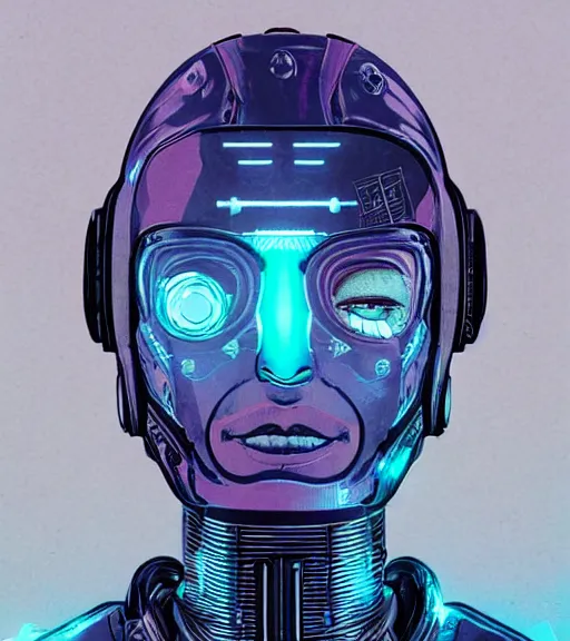 Image similar to cyborg woman with a hologram for a head, techwear, dead space, visible face, Industrial Scifi, detailed illustration, character portrait, by Martin Grip and Moebius