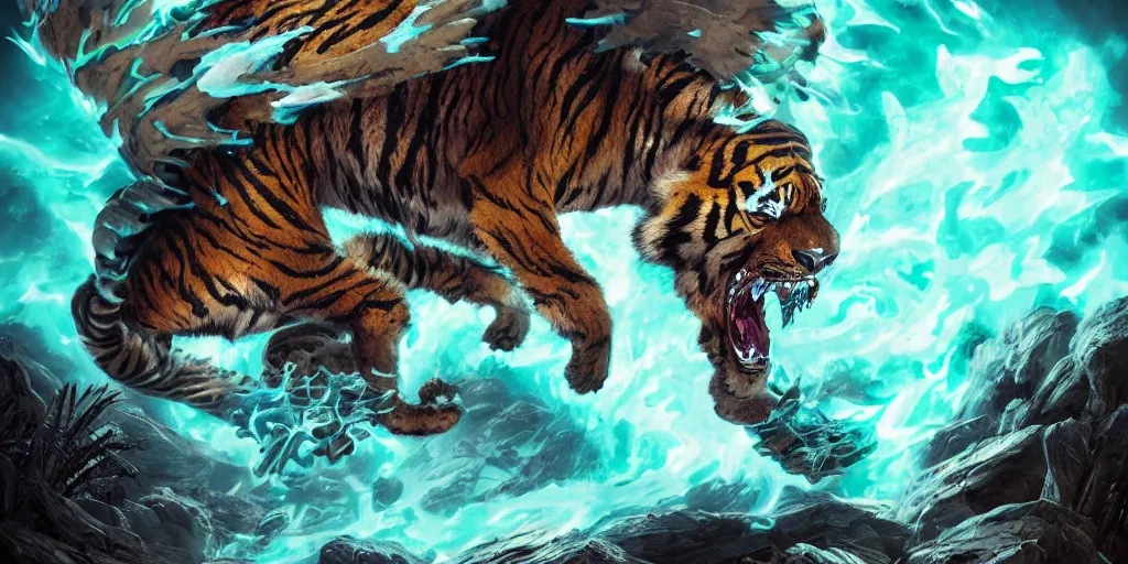 Image similar to Ghostly tiger creature made out of turquoise energy character design sheet, Monster Hunter Illustrations art book, Bright sparks, claws, huge sabertooth fangs, Moebius, Greg Rutkowski, Zabrocki, Karlkka, Jayison Devadas, Phuoc Quan, trending on Artstation, 8K, ultra wide angle, zenith view, pincushion lens effect.