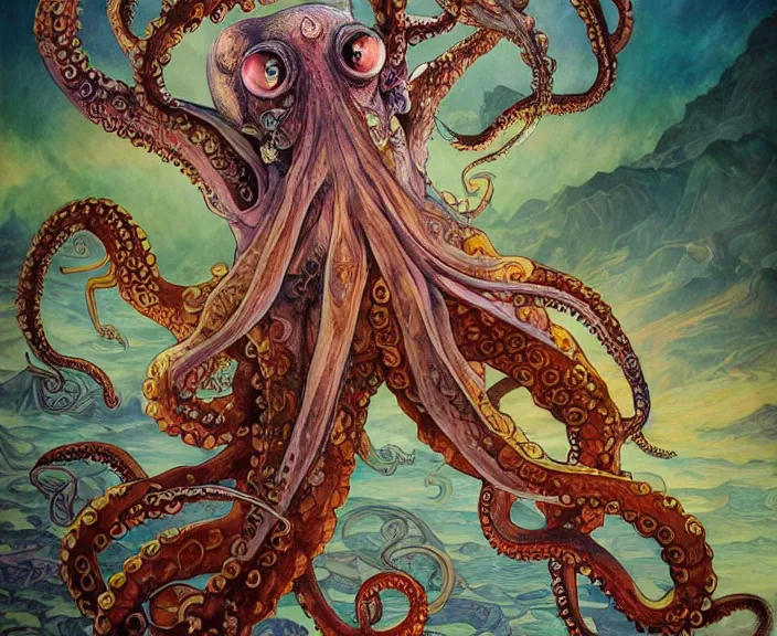 Prompt: portrait of an octopus themed wiman, full body shot, rule of thirds, amazing landscape in background, fantasy, whimsical, horror, art by riot games and chengwei pan and josephine wall and amanda sage and alphonse mucha, intricately detailed, highly detailed, luxurious, elegant, clean, unsettling, trending on artstation