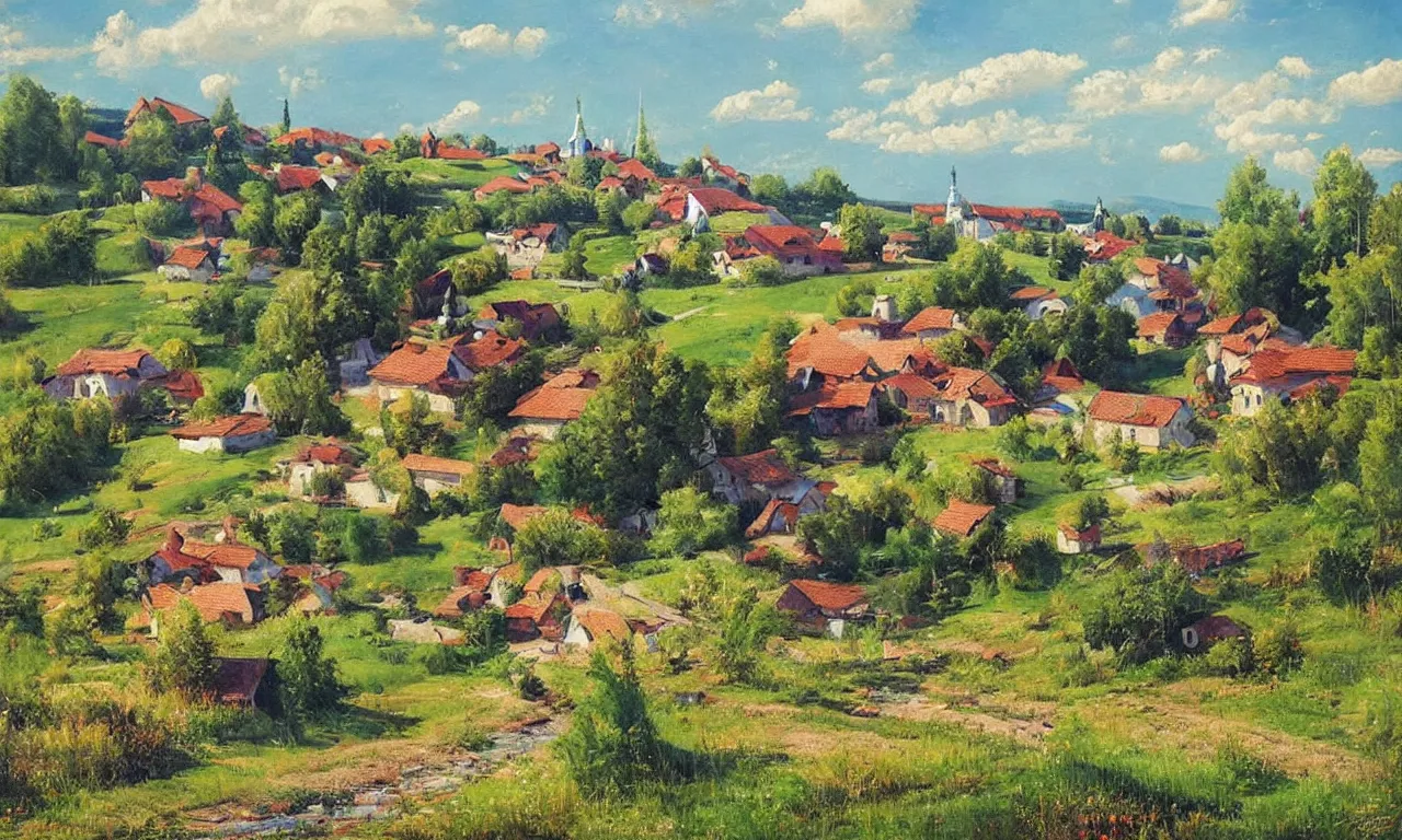 Prompt: a beautiful view of a peaceful village in ukraine. art by denys tsiperko and bogdan rezunenko, hyperrealism