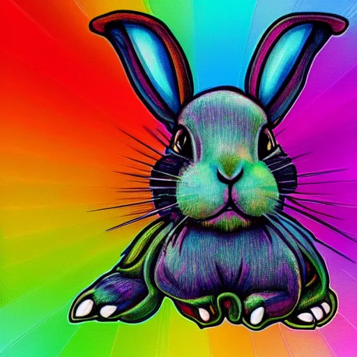 Image similar to portrait friendly cute happy stylish realistic rainbow rabbit. background in the style of art nouveau. lively. colorful. hd.