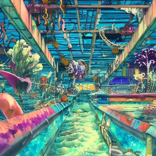 Image similar to painted anime background of an underwater mall in the slums built from various coral seashells and being reclaimed by nature, seaweed, light diffraction, litter, steampunk, cyberpunk, caustics, anime, vhs distortion, inspired by splatoon by nintendo, art created by miyazaki