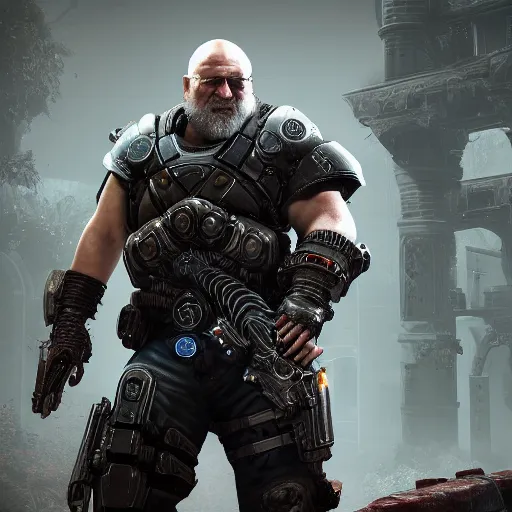 Image similar to george r. r. martin in gears of war destiny 2 overwatch witcher 3 god of war tomb raider cyberpunk 2 0 7 7 doom, highly detailed, extremely high quality, hd, 4 k, professional photographer, 4 0 mp, lifelike, top - rated, award winning, realistic, detailed lighting, detailed shadows, sharp, edited, corrected, trending