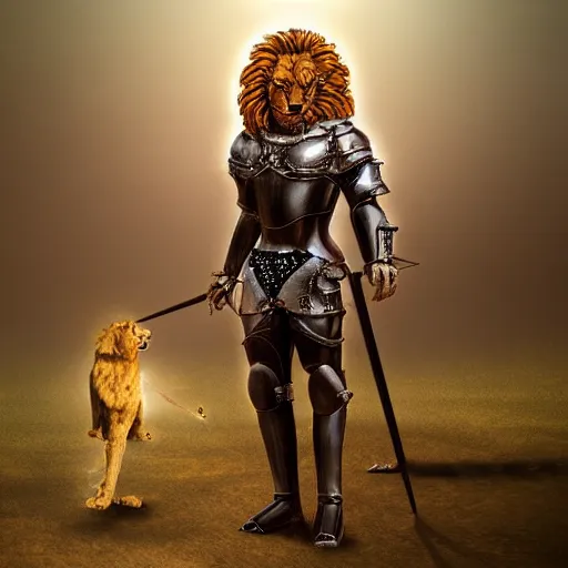 Image similar to Humanoid lion with medieval armor standing on two legs, fantasy, trending on artstation, realistic, digital art