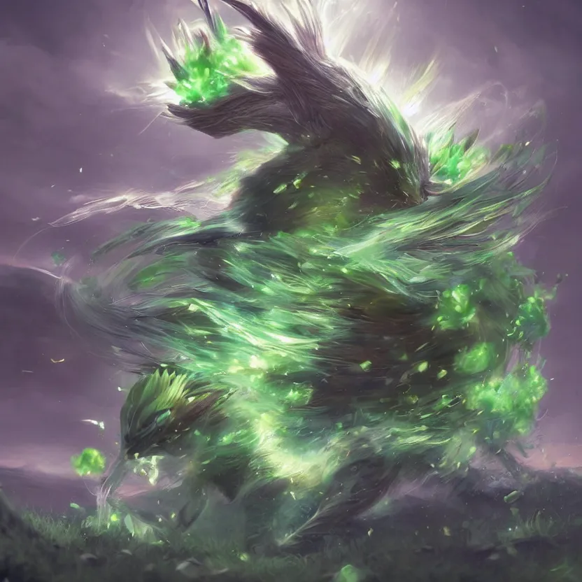 Image similar to a cute beautiful earth type pokemon, green feathers bursting out of his hair, full body shot, highly detailed digital art, 3 d perspective, award - winning illustration, aesthetic, smooth, pokemon style, made by greg rutkowski, with an alien landscape in the background