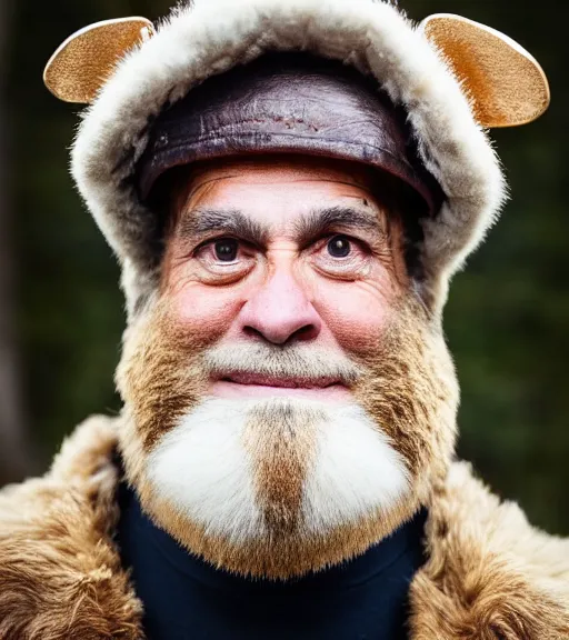 Image similar to detailed attractive characther portrait of jimmy faloon wearing oversized cow skin jacket and gold beard, realistic, wide angle, dramatic light 8 k