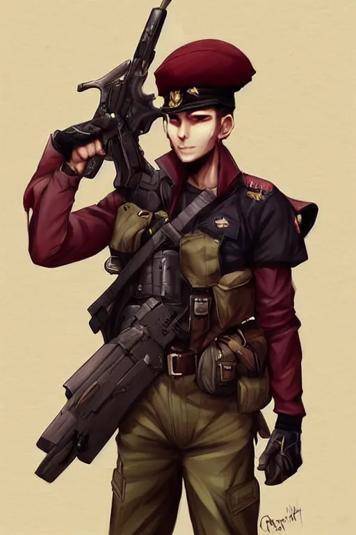 Image similar to beautiful portrait commission of a male furry anthro!!! fruit bat wearing military clothes and a maroon beret. Active Warzone with guns and explosions Atmospheric. Character design by charlie bowater, ross tran, artgerm, and makoto shinkai, detailed, inked, western comic book art