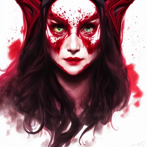 Image similar to Portrait of Wanda the scarlet witch, Marvel, crying blood, screaming, highly detailed, anger, fear, ominous background, artstation, trending on ArtStation, by smile _zPRO