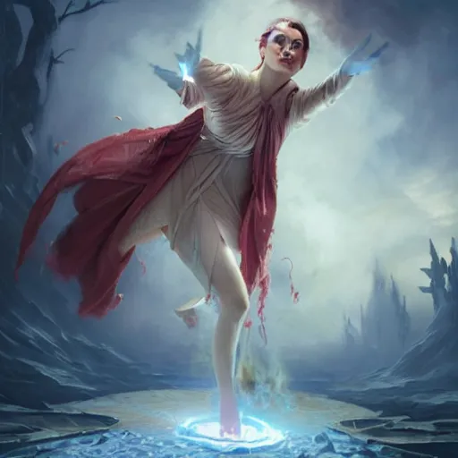 Prompt: freezing sorceress throwing a fire spell, surrealistic digital oil painting by jparked, gilles beloeil, tom bagshaw, feng zhu, tom bagshaw, concept art