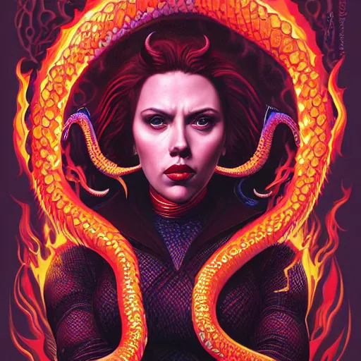 Prompt: demonic hell portrait of scarlett johansson as queen of hell, fire and flame, big long hell serpent dragon octopus, Pixar style, by Tristan Eaton Stanley Artgerm and Tom Bagshaw.