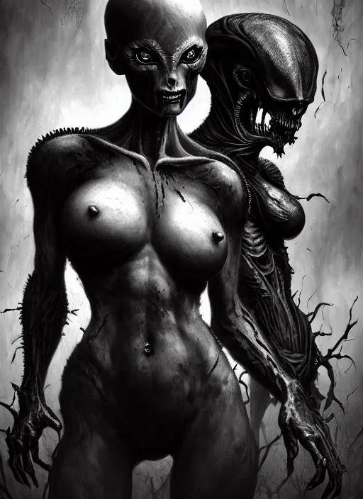 Prompt: ultra realist black and white horror painting of a dimly lit attractive alien female and hellish creature together, very intricate details, focus, curvy figure, model pose, full frame image, artstyle hiraku tanaka and craig mullins, award winning