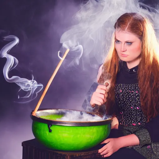 Image similar to teen witch mixing a spell in a cauldron, wispy smoke, studio lighting