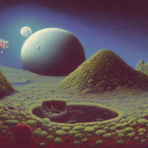 Image similar to a landscape on the moon with many craters, barren moon landscape, in a big crater at the center there is a beautiful flowering garden, 8 k, lowbrow in the style of martin johnson heade and daniel merriam and roger dean,