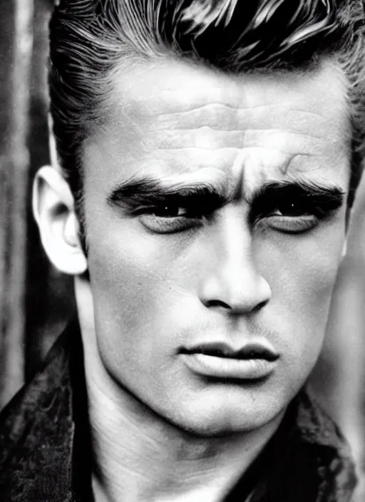 Image similar to genetic combination of james dean, elvis presley, sean connery, and boris karloff. gaunt, handsome, beautiful, striking, chiseled. prominent cheekbones, deep dimples, strong jaw.