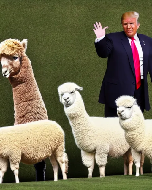 Image similar to wide shot of donald trump at one of his golf courses, with an alpaca caddy. photorealistic