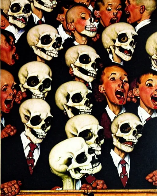 Prompt: oil geometric painting of skull skeletons singing in the choir by norman rockwell