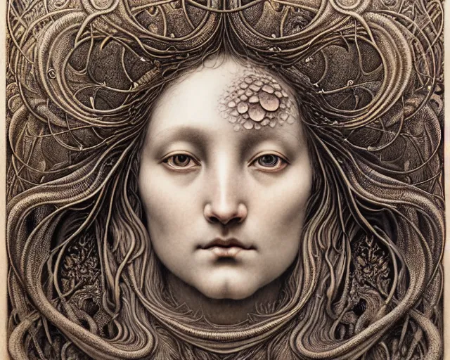 Image similar to detailed realistic beautiful moon goddess face portrait by jean delville, gustave dore, iris van herpen and marco mazzoni, art forms of nature by ernst haeckel, art nouveau, symbolist, visionary, gothic, neo - gothic, pre - raphaelite, fractal lace, intricate alien botanicals, ai biodiversity, surreality, hyperdetailed ultrasharp octane render