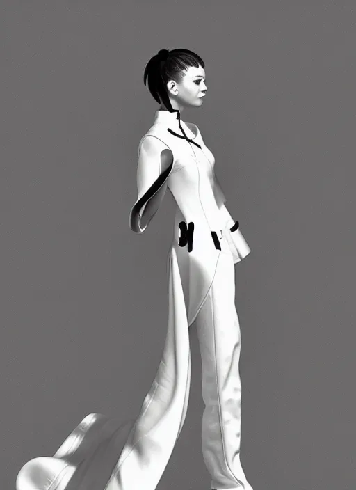 Prompt: a portrait by nick knight of a beautiful girl detailed features wearing a pilot suit wedding dress synthetic materials, jumpsuits chic'techno fashion trend by balenciaga and makoto shinkai