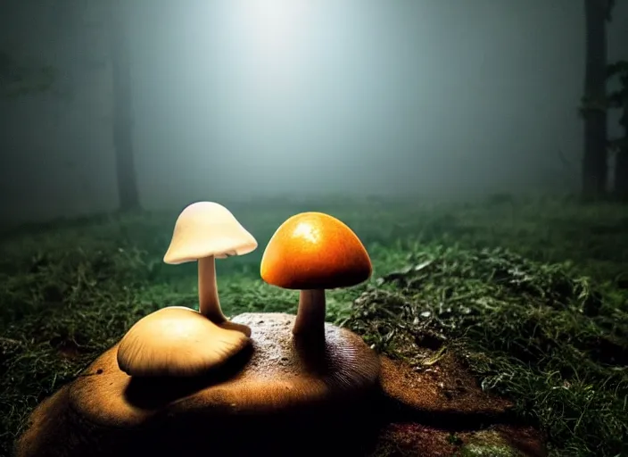 Prompt: a cute creature sitting next to a mushroom, fog filled, spotlights shine down from the watchtowers, perfectly lit face, ultra realistic, depth, beautiful lighting