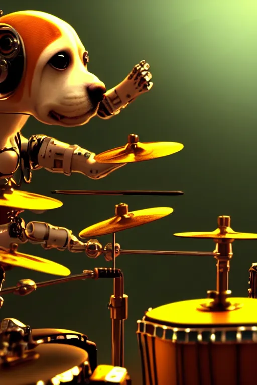 Image similar to high quality 3 d render very cute cyborg beagle plays drums!, cyberpunk highly detailed, unreal engine cinematic smooth, in the style of blade runner & pixar, hannah yata charlie immer, moody light, low angle, uhd 8 k, sharp focus