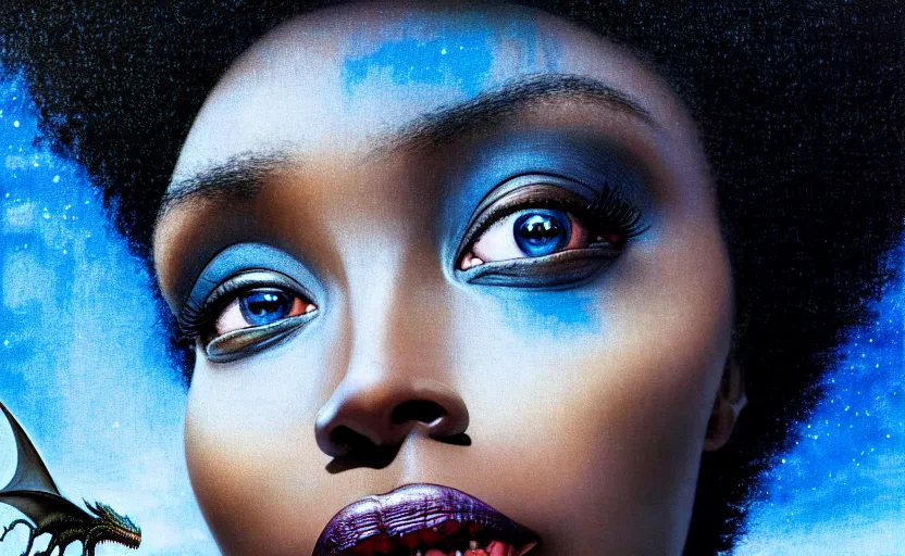 Image similar to realistic detailed photorealistic film close up portrait shot of a beautiful black woman with, sci-fi landscape with a drogon on background by Denis Villeneuve, Amano, Yves Tanguy, Alphonse Mucha, Ernst Haeckel, Andrei Tarkovsky, Edward Robert Hughes, Roger Dean, rich moody colours, wide angle, blue eyes