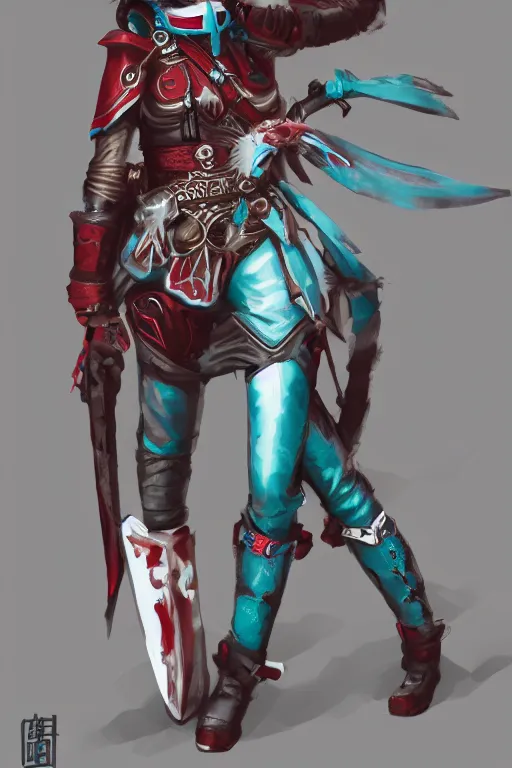 Image similar to female adventurer in tight full - body teal leather armor of japanese design with red accents and a white porcelain crow mask, trending in artstation, japanese, establishing shot