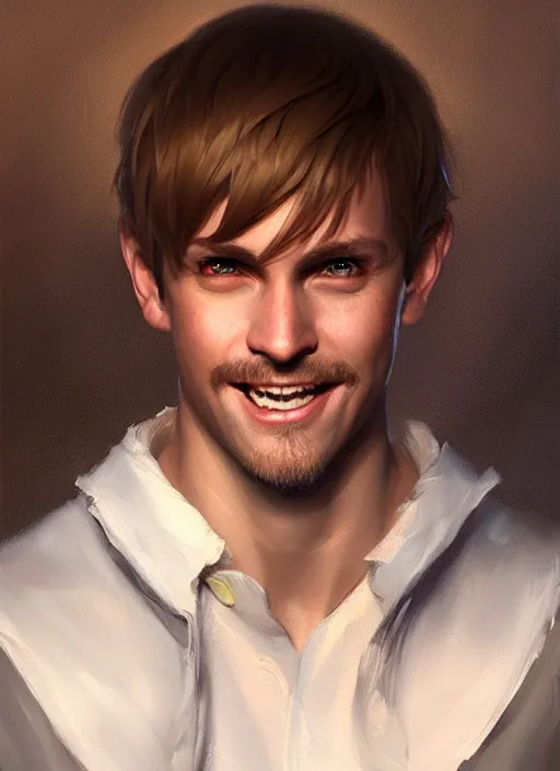 Image similar to a _ fantasy _ style _ portrait _ painting _ of white male short fringe light brown hair short face grinning, rpg dnd oil _ painting _ unreal _ 5 _ daz. _ rpg _ portrait _ extremely _ detailed _ artgerm _ greg _ rutkowski _ greg