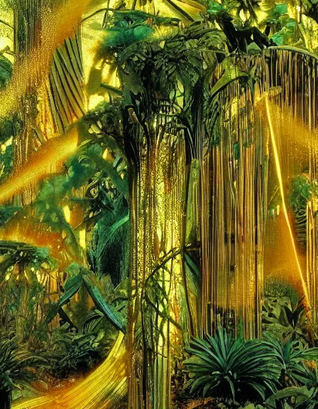 Prompt: vintage color photo of a masive 1 1 0 million years old abstract sculpture made of light beams and liquid gold covered by the jungle vines