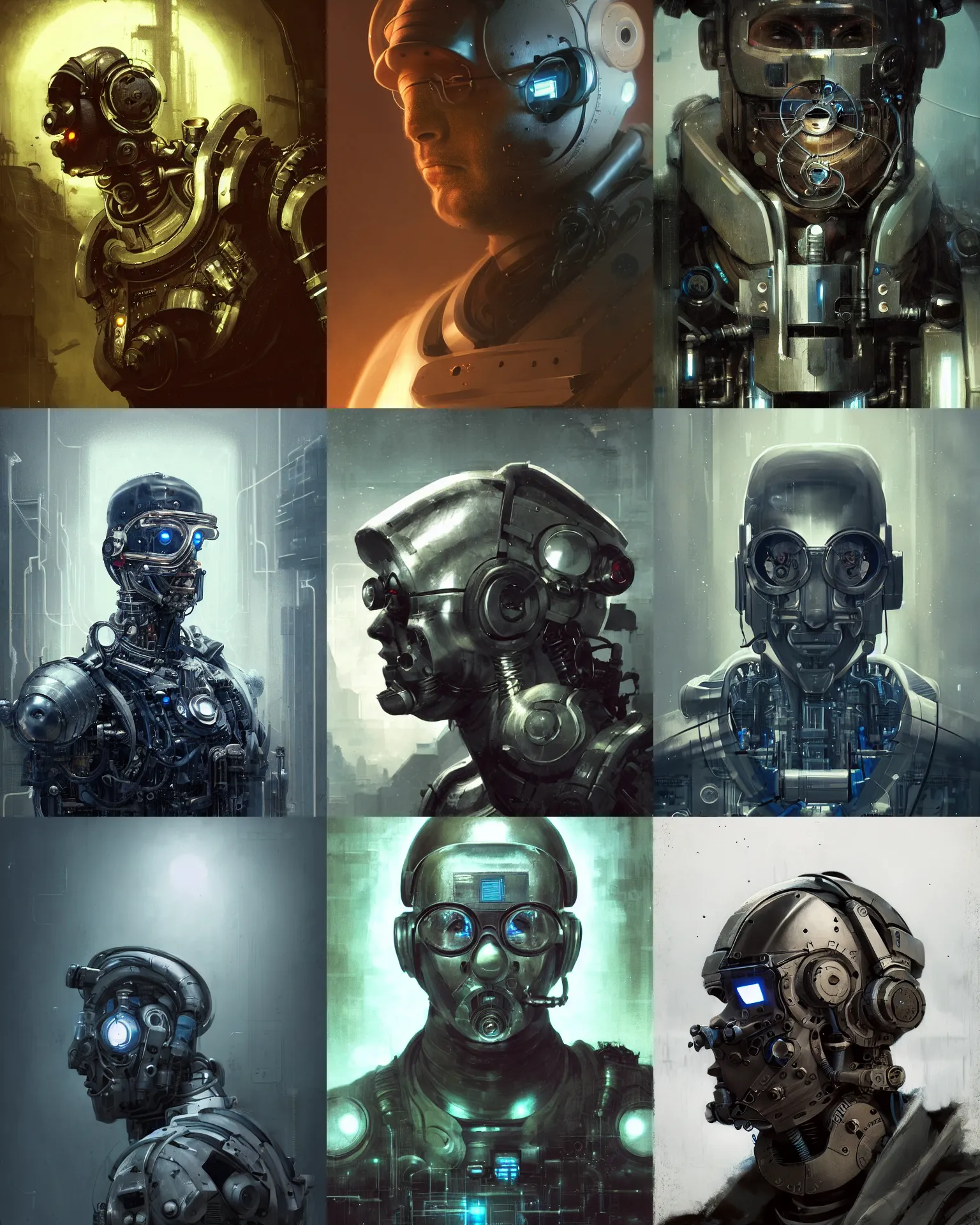 Prompt: a half - masked curious laboratory engineer man with cybernetic enhancements as seen from a distance, scifi character portrait by greg rutkowski, esuthio, craig mullins, 1 / 4 headshot, cinematic lighting, dystopian scifi gear, gloomy, profile picture, mechanical, half robot, implants, steampunk