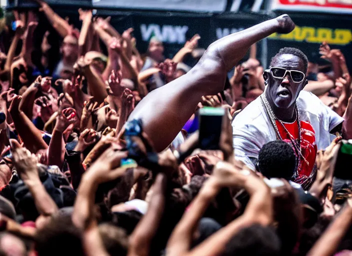 Image similar to photo still of wesley snipes as simon phoenix on stage at vans warped tour!!!!!!!! at age 3 3 years old 3 3 years of age!!!!!!!! stage diving into the crowd, 8 k, 8 5 mm f 1. 8, studio lighting, rim light, right side key light