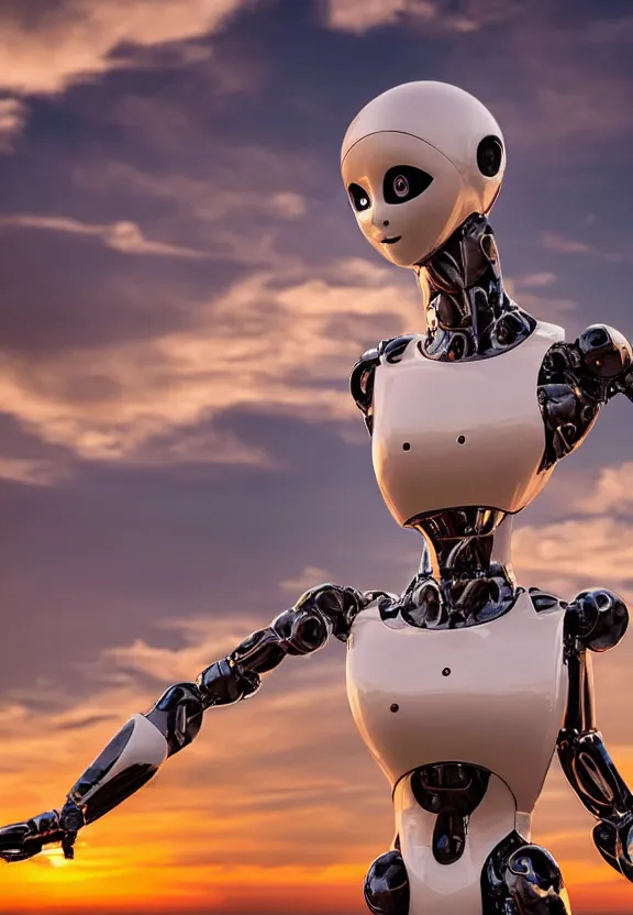 Prompt: a calming photograph of a slender, humanoid robot caresses a beautiful woman in the face, large shot, wide shot, in a street, sunset photo