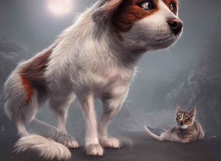 Image similar to epic professional digital art of Cat-Dog (creature which is both cat and dog), trending on artstation, cgsociety, wlop, Behance, pixiv, cosmic, deviantart, epic, stunning, gorgeous, detailed,