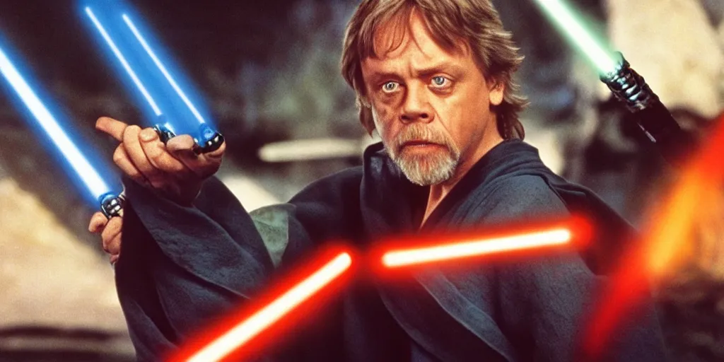 Image similar to A full color still of Mark Hamill as Jedi Master Luke Skywalker having a lightsaber fight with Sith Lords, with large windows showing a sci-fi city outside, at dusk at golden hour, IMAX, wideshot, from The Phantom Menace, directed by Steven Spielberg, 1997