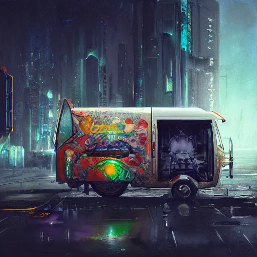 Image similar to a cyberpunk ice cream truck, black velvet painting, artwork by Greg Rutkowski, John Berkey, Alexander Jansson, Kuvshinov, WLOP, Artgerm, trending on ArtStationHD. octane render, greg rutkowski, hyper realism, high detail, octane render, vervia, 8k