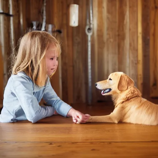 Prompt: golden retriever curiously looking at a robot girl, log cabin, photograph