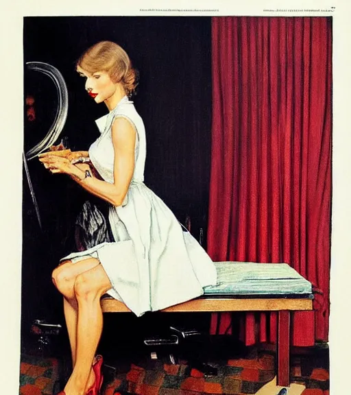 Image similar to taylor swift as a housewife hiding a dark secret, norman rockwell painting, detailed