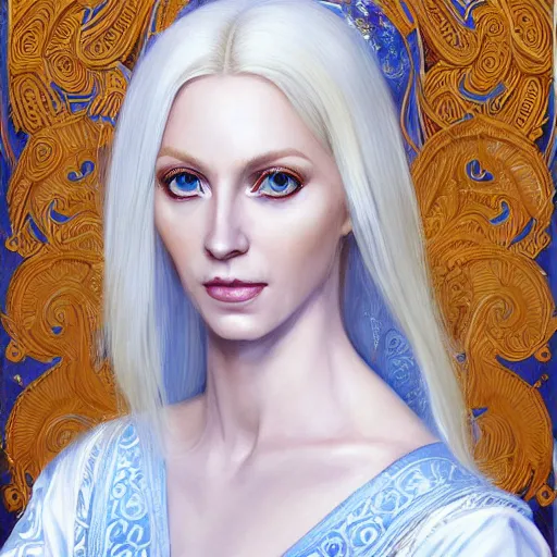 Prompt: Portrait of a tall, blonde, blue-eyed elf woman, with pale white hair, wearing stylish white and gold robes, warm and gentle smile, intricate, elegant, highly detailed, digital painting, smooth, sharp focus, bust view, visible face, artstation, graphic novel, art by stanley artgerm and greg rutkowski and peter mohrbacher,