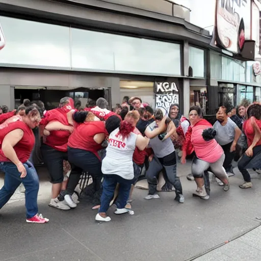 Image similar to a horde of obese zombies trying to get into a barricaded KFC.