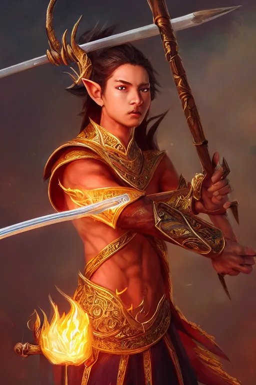 Image similar to a masterpiece portrait of nezha, young elf prince holding spear, flame everywhere, epic pose, fantasy character portrait, closeup shot, hyper detailed, digital painting, 8 k realistic, trending on artstation, sharp focus, dof, by fenghua zhong, artgerm, ne zha from smite, jeff easley, raymond swanland